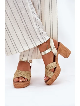 Kožené Sandály Na Podpatku S Pletením Na Páscích Zazoo 40460 Zlaté