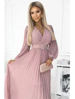 414-2 KLARA plisované šaty s páskem a výstřihem - pudrově růžové