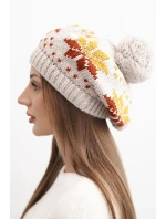 Dámská zimní čepice vlněná s motivem sněhových vloček a pomponem K457 béžová
